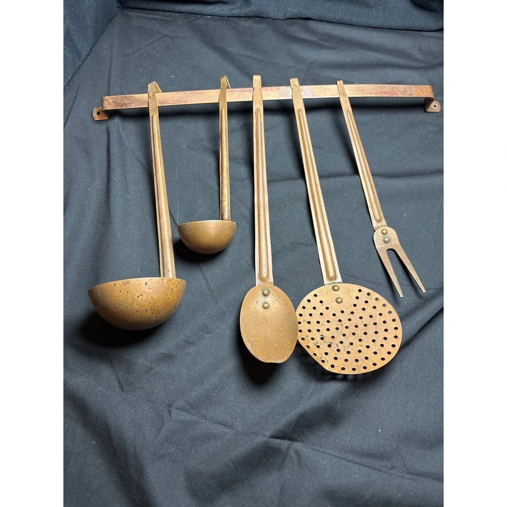 Vintage ODI Copper Kitchen Tool Set Hanging Wall Rack 5 Utensils Made in Korea
